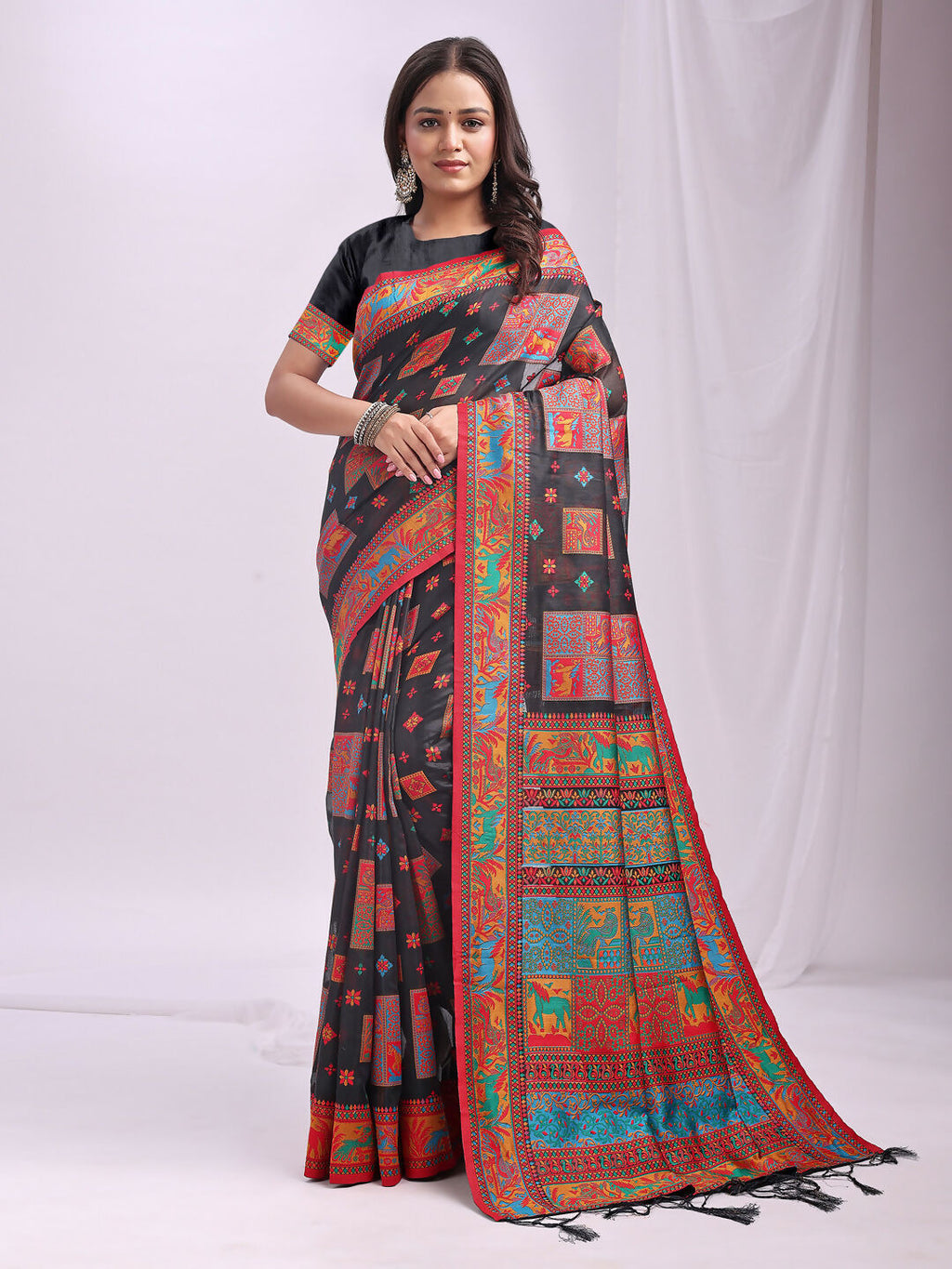 Sophisticated black Linen Cotton saree featuring a comfortable, breathable weave