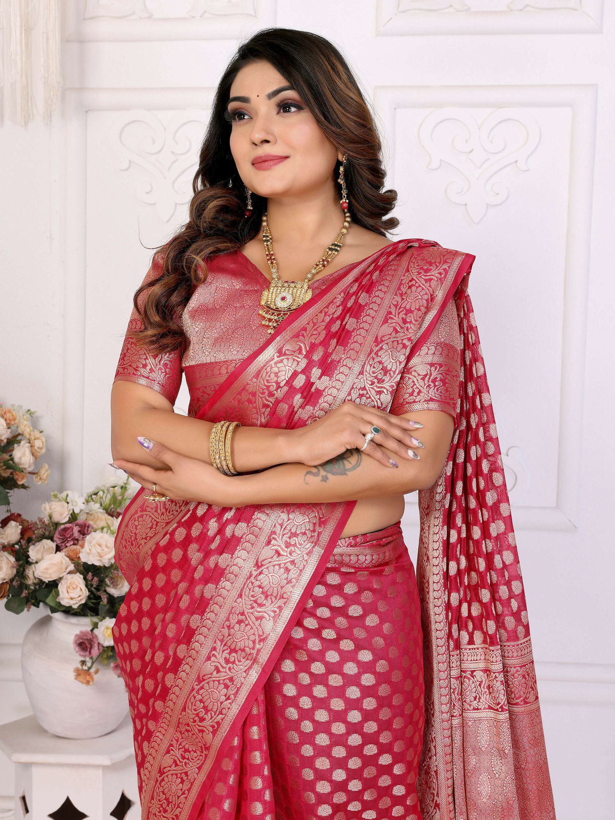 Magenta Organza Silk Saree with Elegant Weaving Patterns