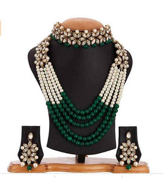 Rajwadi Gold-Polished Necklace Combo Set with Stone & Green Pearls