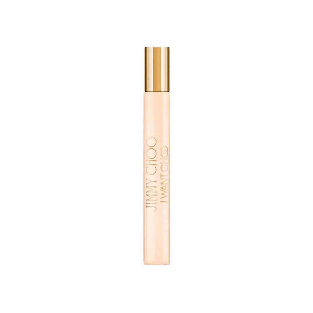 Jimmy Choo I Want Choo travel spray in a gold and nude container