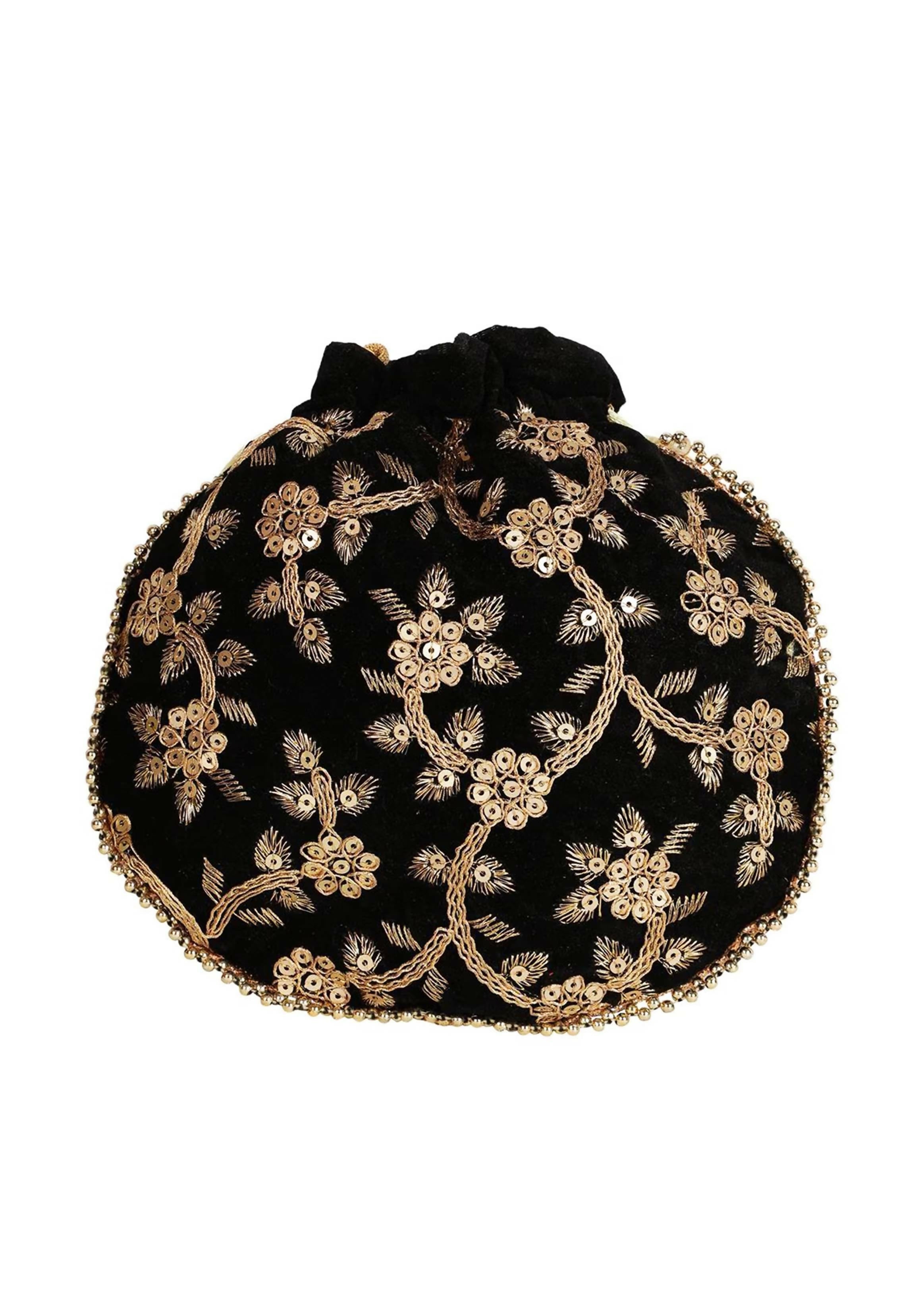 Black embroidered potli clutch with elegant decorative patterns