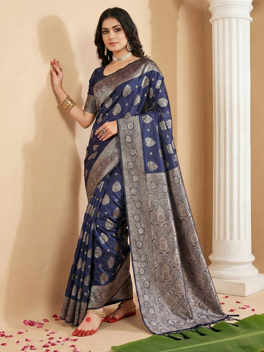 Navy blue silk blend saree featuring a luxurious finish and matching blouse