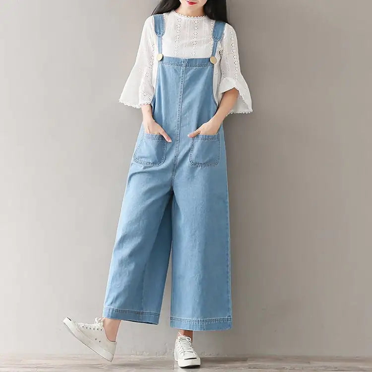 Women's Denim Overall Cropped Jumpsuit in Light and Dark Blue - Image 6