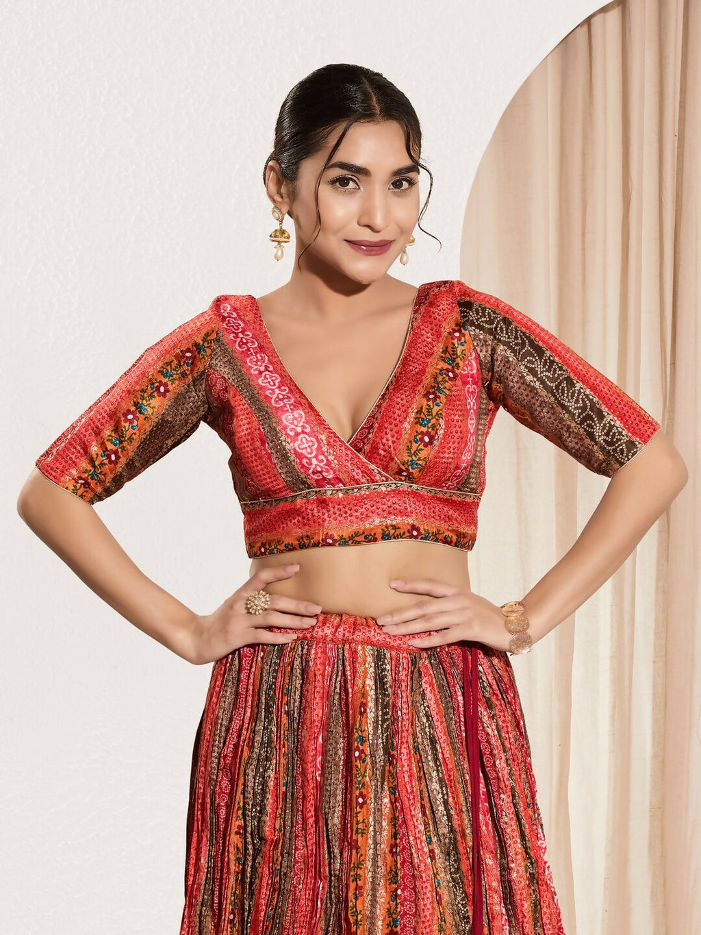 Joban Fashion Maroon Multi Brocade Padded Blouse With V Neck Elbow Sleeves