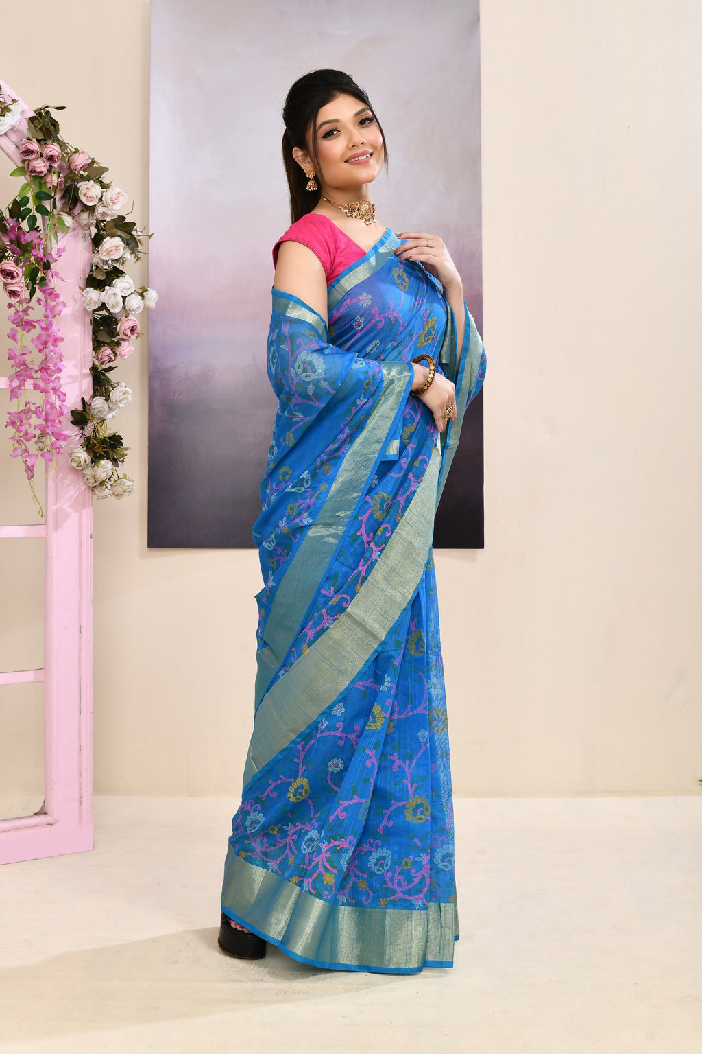 Sky Blue Printed Saree with Embellished Cotton Blend Fabric