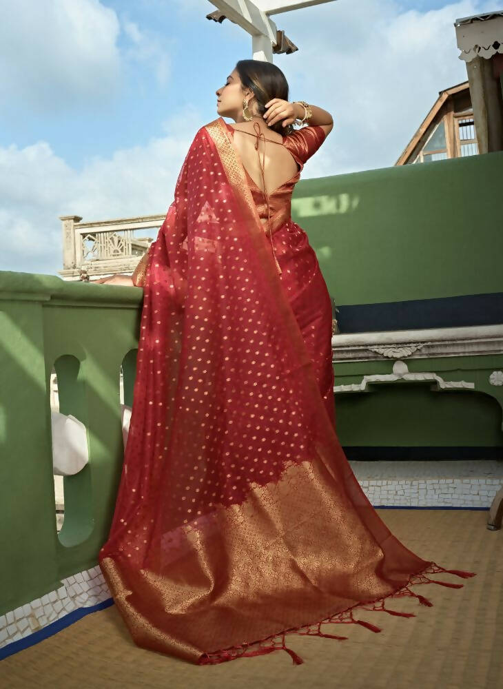 Maroon Organza Silk Saree with Weaving Work and Deep Red Blouse