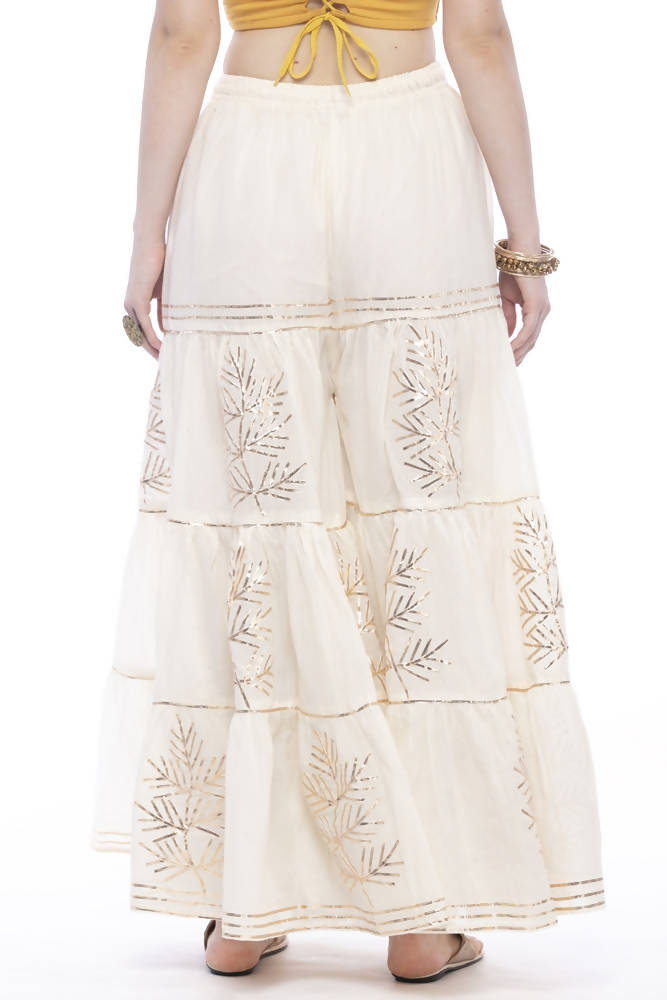 Off White Cotton Sharara Pants for Girls with Traditional Gota Work