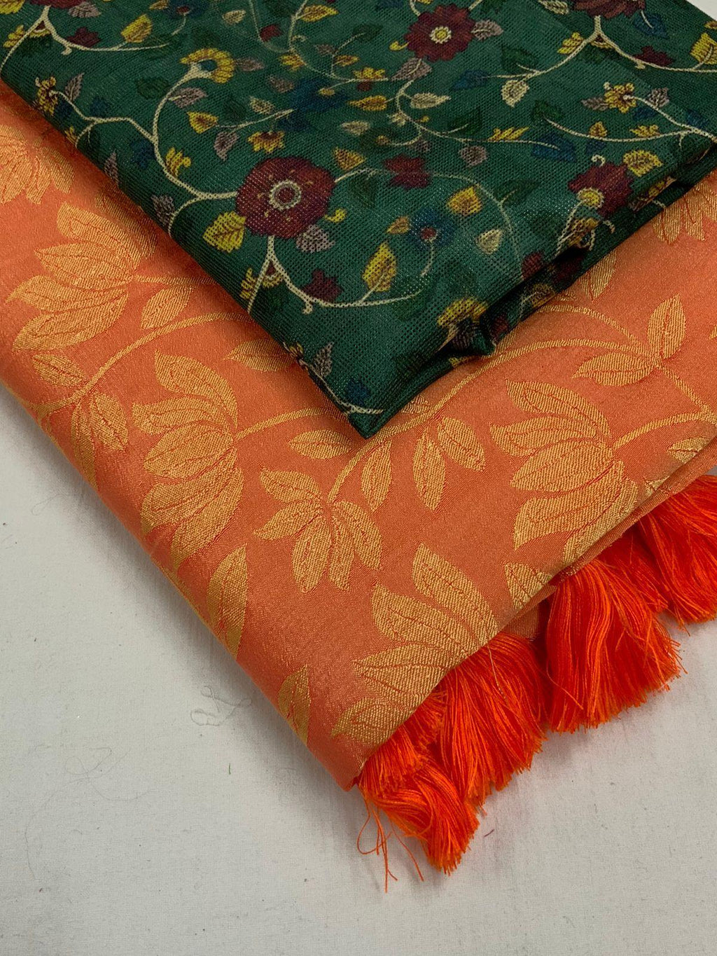 Saffron Jute Silk Woven Floral Saree with Kalamkari Blouse