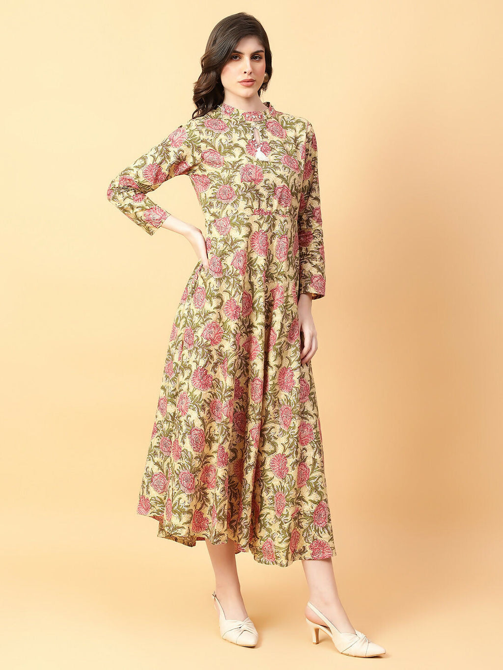 Joban Fashion Beige Cotton Printed & Hand Work Dress