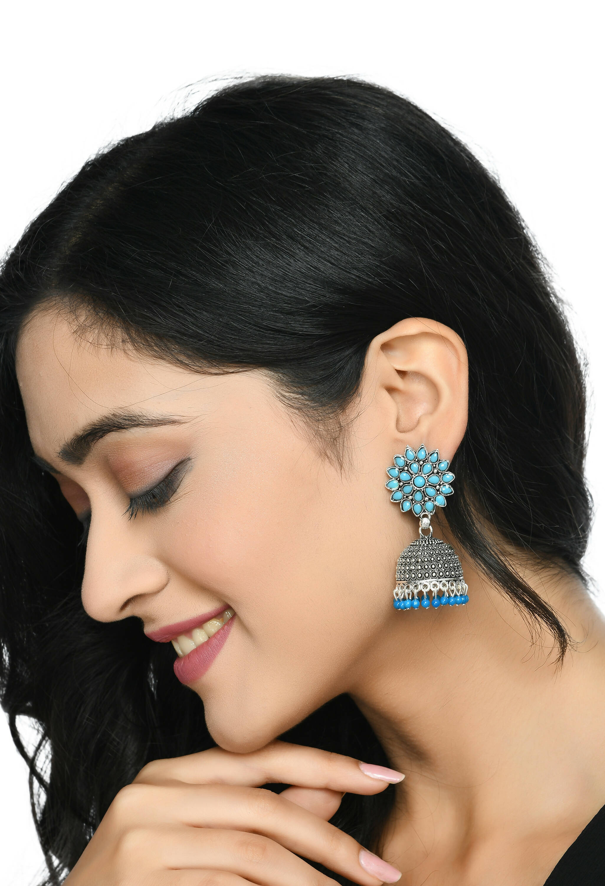 Joharkamal Kundan Jhumka Earrings with Sky Blue Beaded Accents