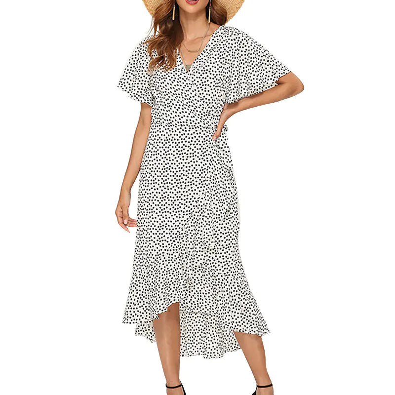 Women's Polka Dot High-Low Chiffon V-Neck Summer Wrap Dress - Image 18