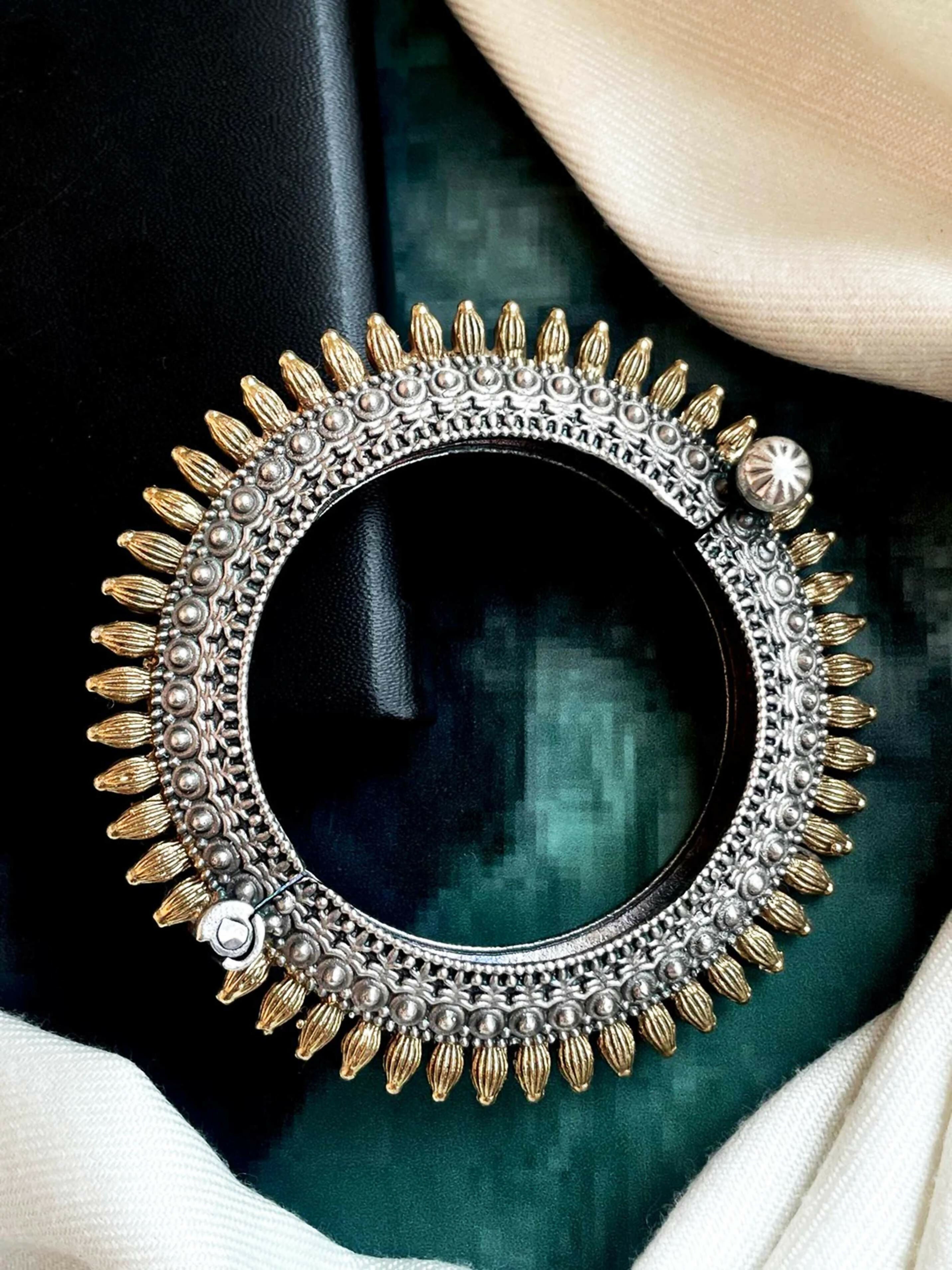 Silver dual-tone brass antique ethnic openable kada bracelet