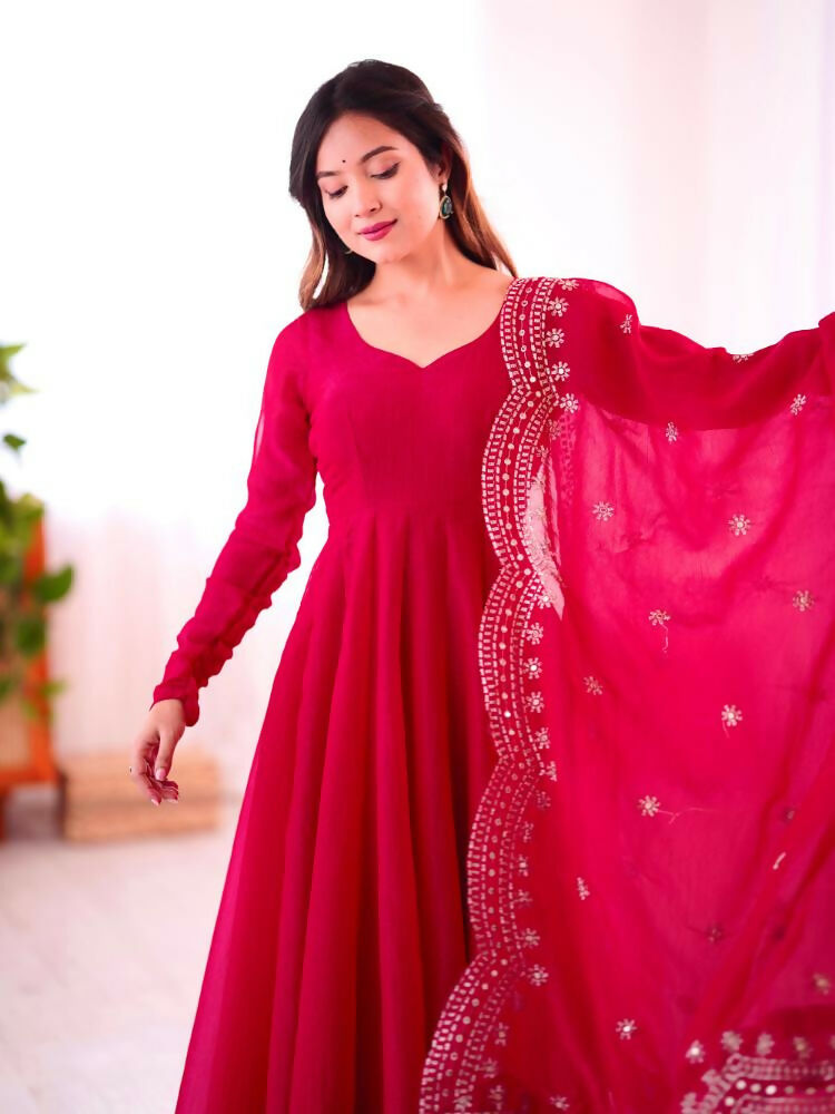 Red Chinnon Silk Sequence Embroidery Readymade Kurta Set