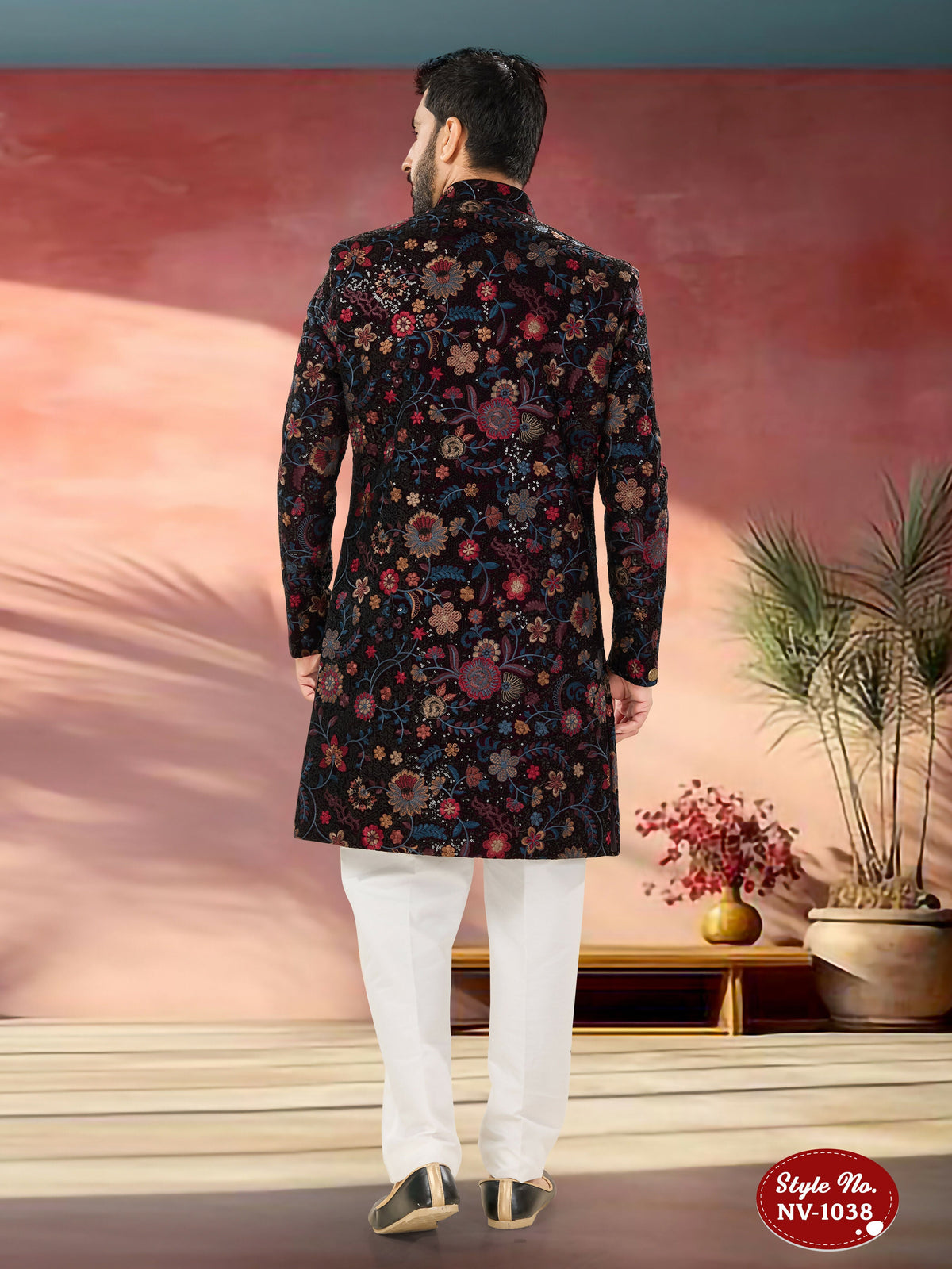 Men's Wine Multi-Colour Velvet Indo-Western Kurta Set with Embroidery