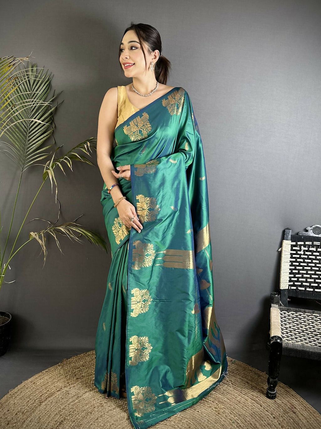 Dark Teal soft silk Banarasi saree with intricate gold zari weaving and polka dot blouse