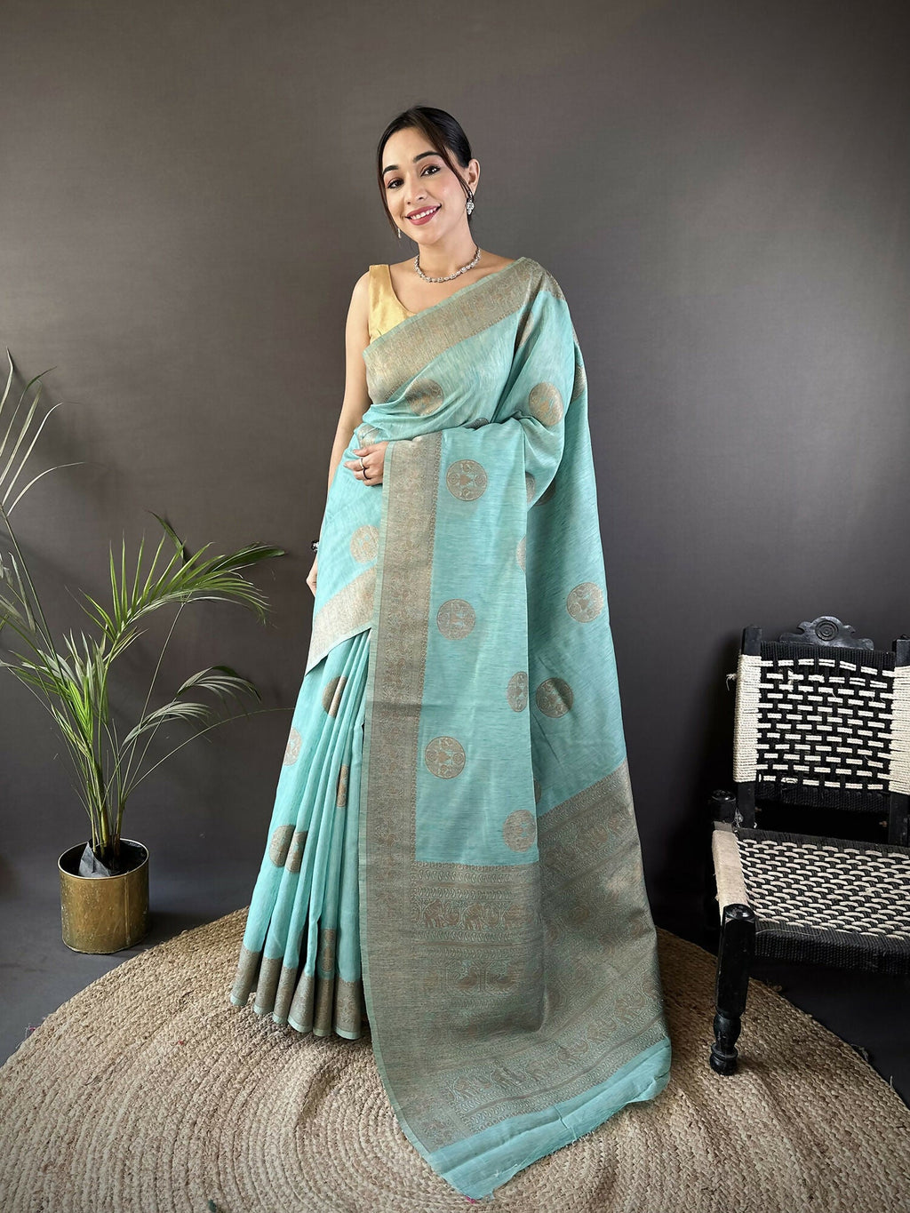 Sky Blue linen silk Banarasi saree with floral and paisley weaving