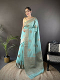 Sky Blue linen silk Banarasi saree with floral and paisley weaving