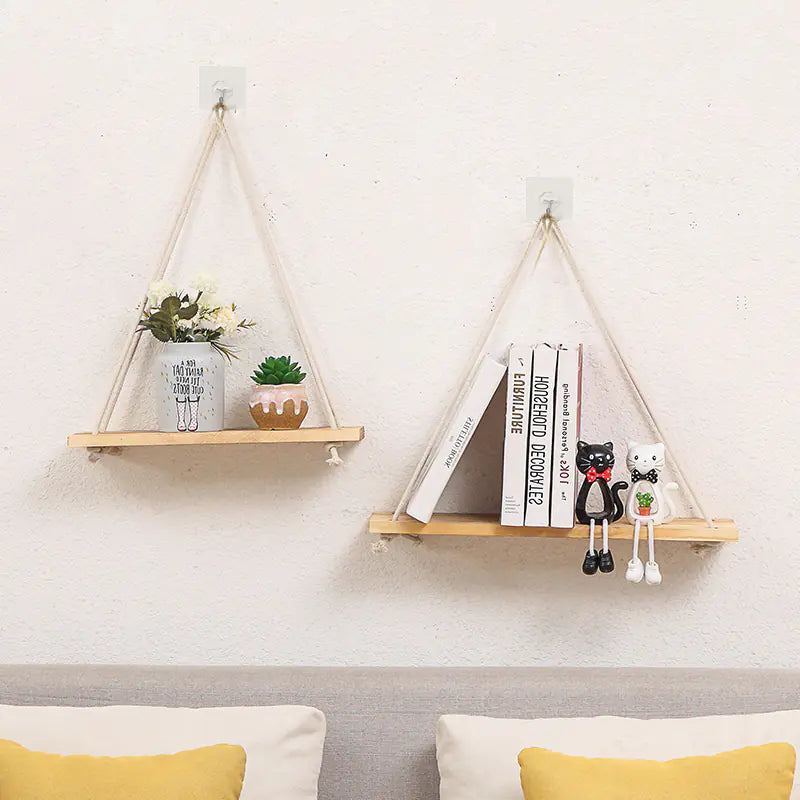Wall-Mounted Wooden Shelf with Decorative Rope Planter