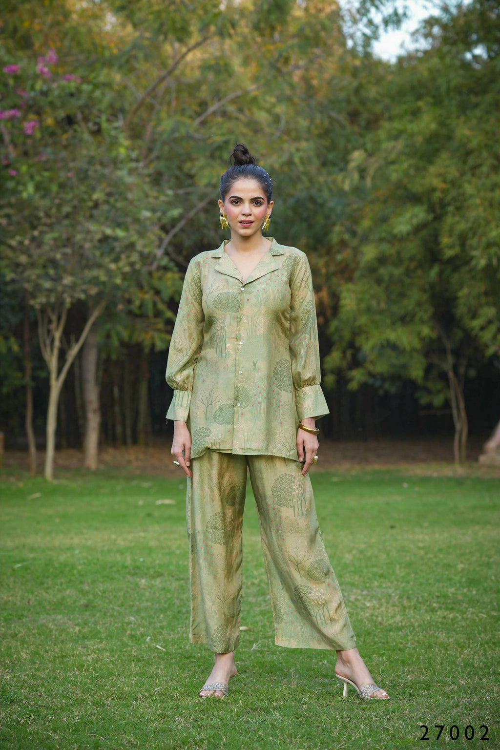 Model wearing a Mahendi colored Mull Cotton Anya co-ord set featuring a matching top and pants.