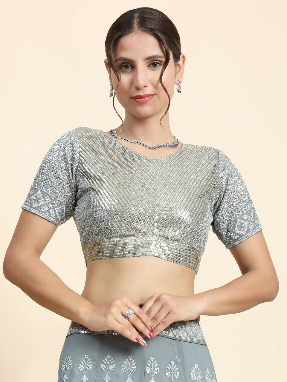 Grey Georgette 3MM Sequins and Zari Embroidered Lehenga Choli
