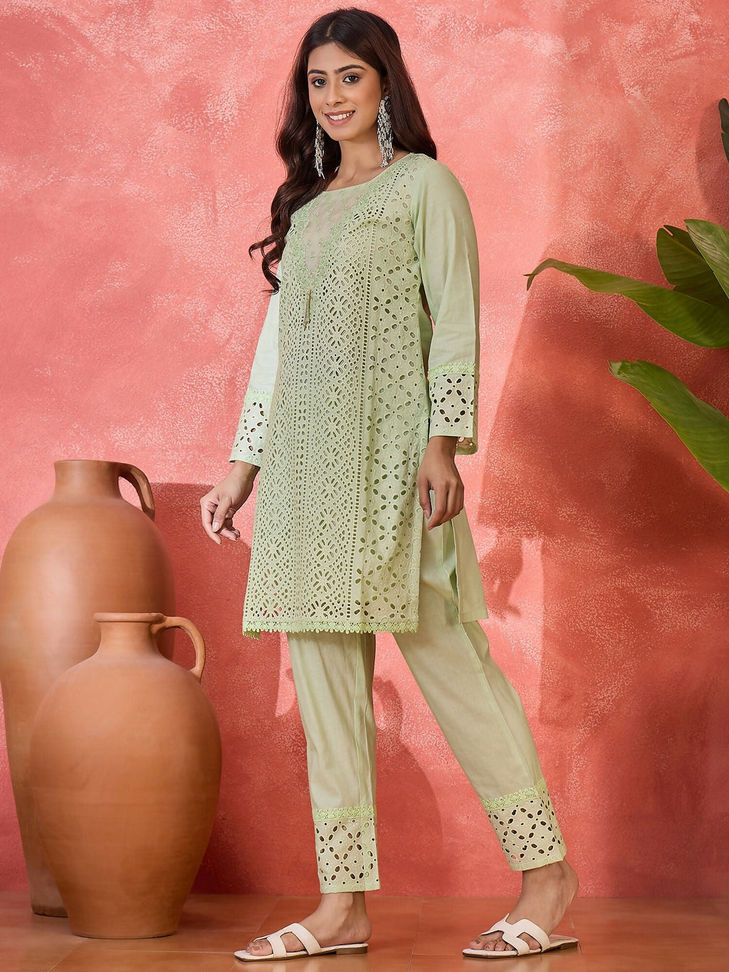Green Pure Cotton Embroidered Co-ord Set with 3/4 Sleeve Kurti