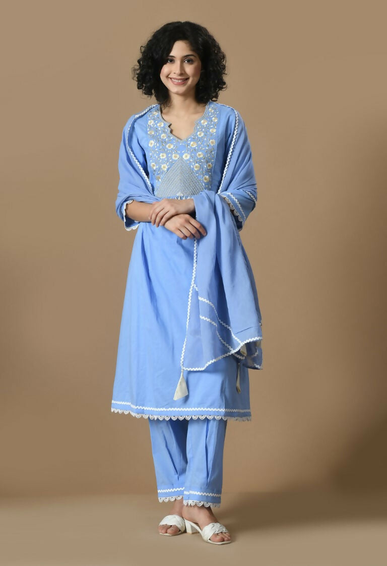 Light Blue Cotton Kurta Set with Organza Dupatta - 3 Piece Suit