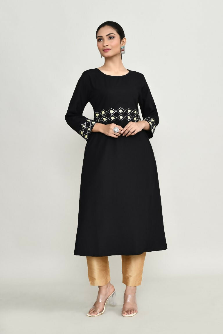 Stylish black rayon tunic for women with intricate embroidery detail