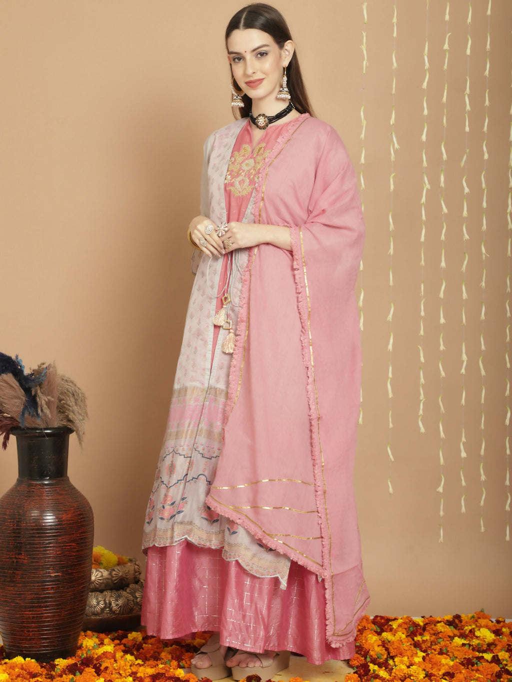 Women's Grey Chanderi Silk A-Line Kurta Set with Jardoshi Work