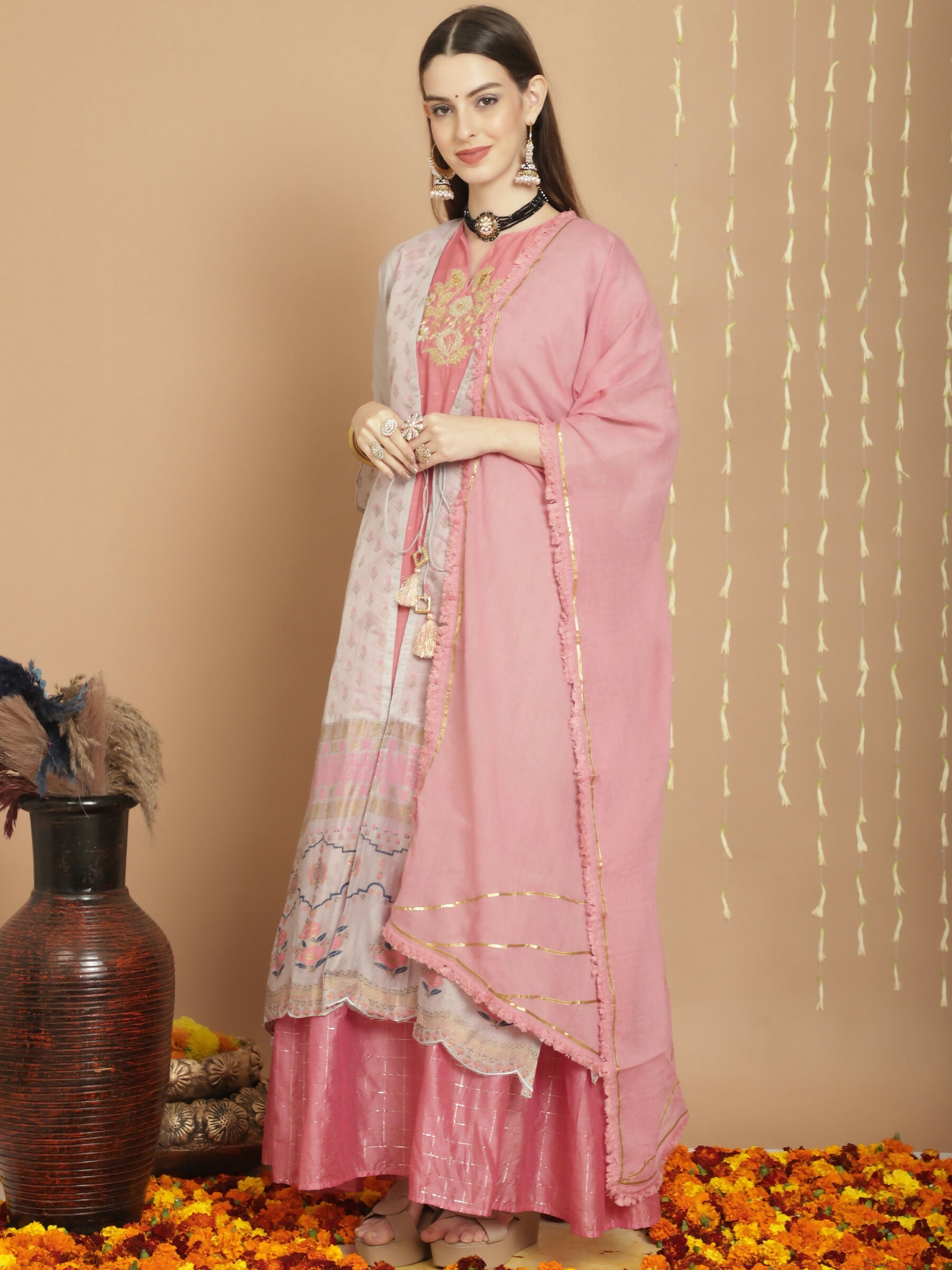 Women's Grey Chanderi Silk A-Line Kurta Set with Jardoshi Work