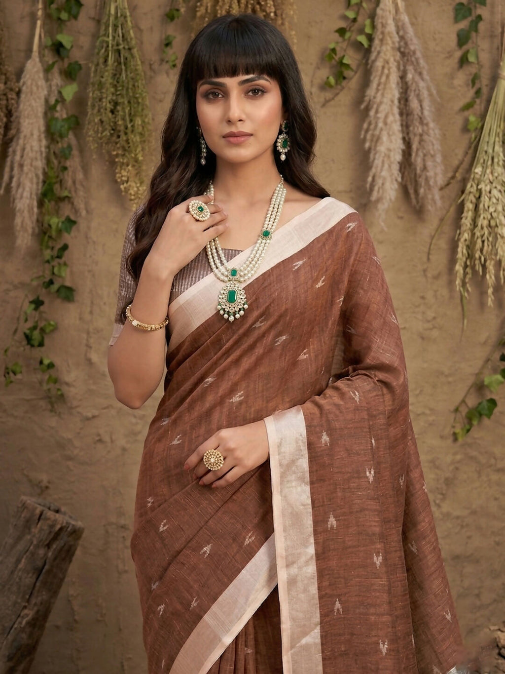 Timeless Brown Linen Cotton Saree with Matching Blouse Piece