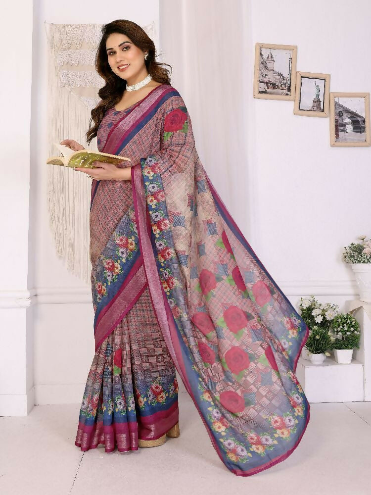 Purple Handloom Linen Cotton Zari Saree with Matching Blouse