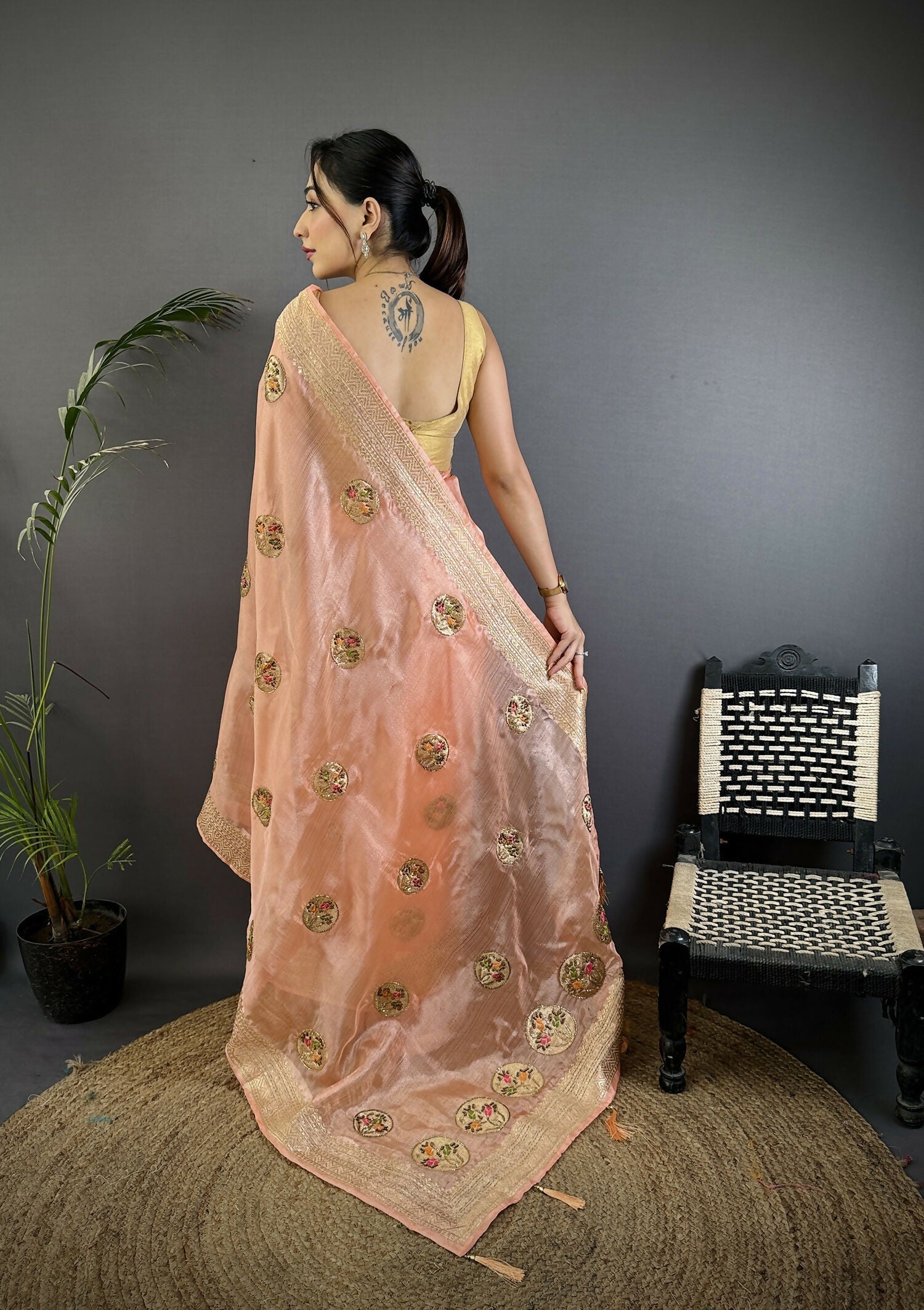 Peach Handloom Banarasi Organza Silk Khatali Butta Saree