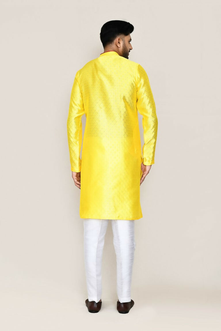 Yellow Jacquard Silk Kurta and Straight Fit Pant Set