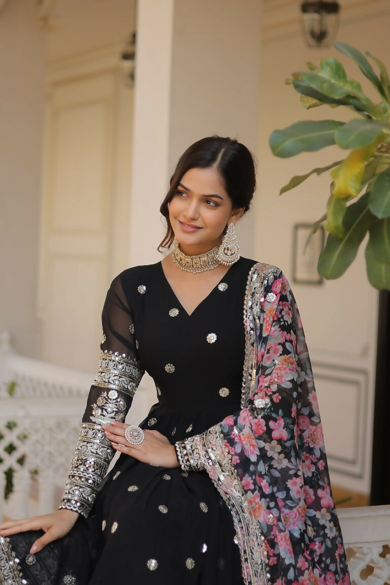 Black Faux Georgette Sequins Zari Embroidered Anarkali Dress