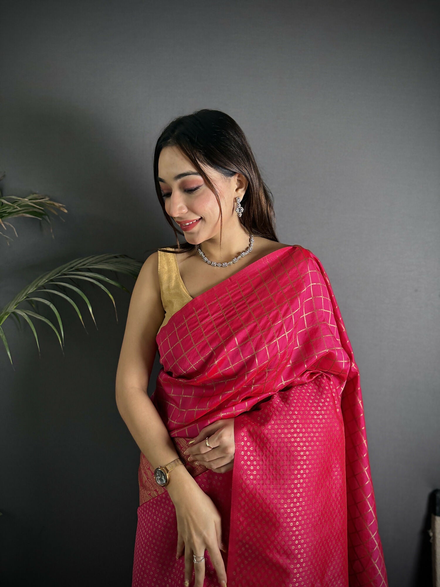 Hot Pink Banarasi Soft Lichi Silk Saree with Woven Checks