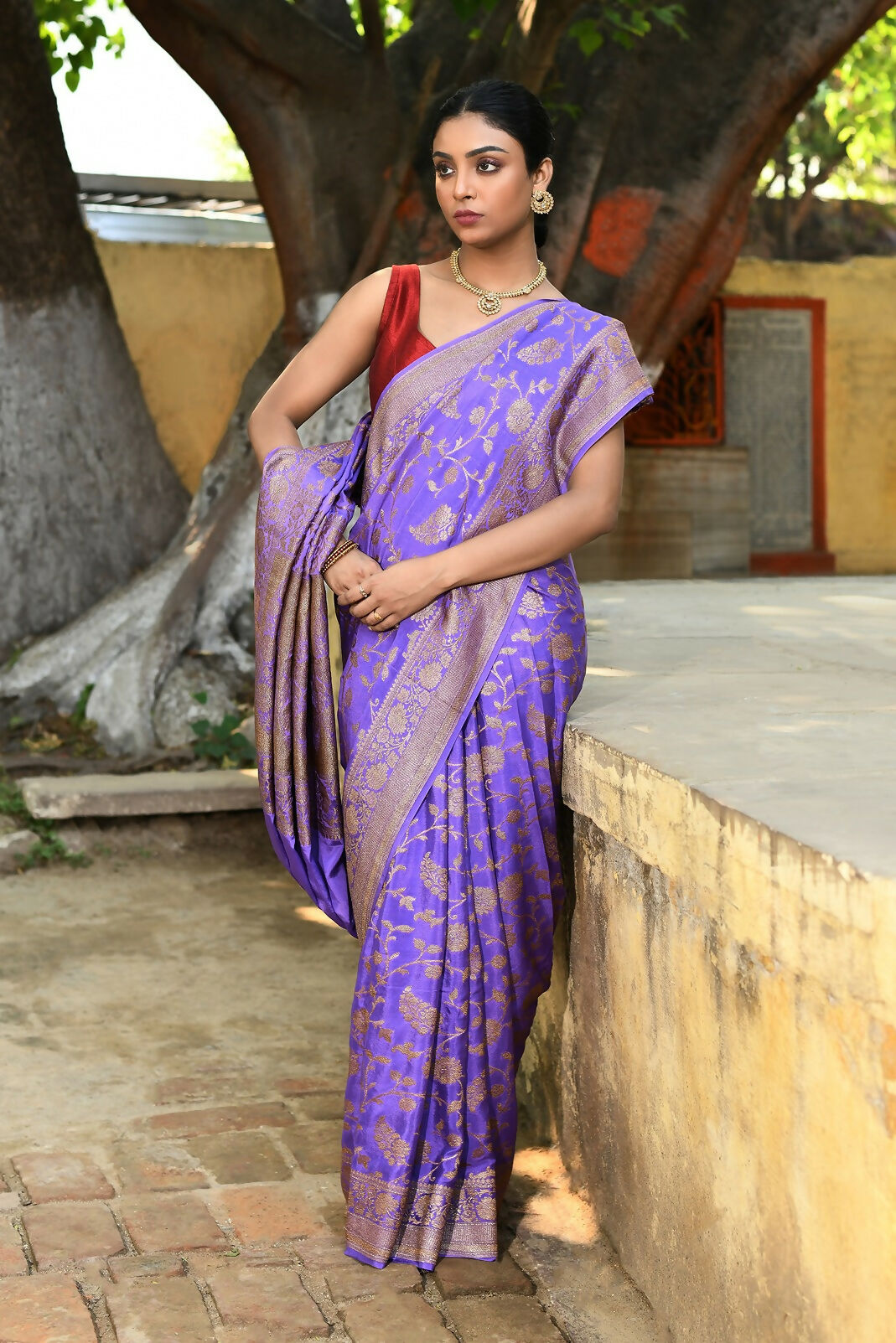 Dark Lilac Crepe Chiffon Banarasi Silk Saree