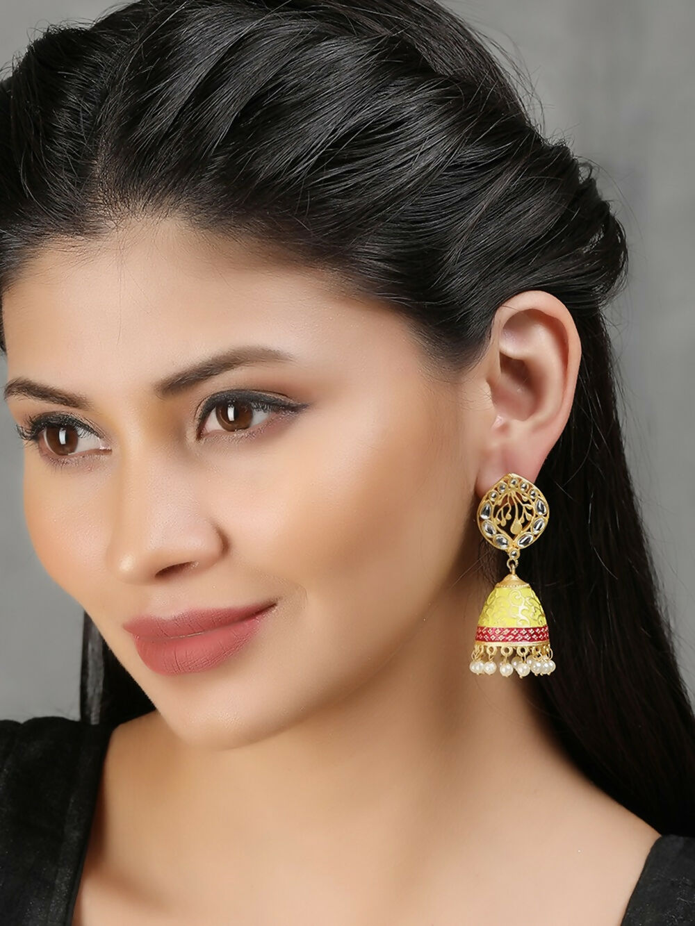Matte Gold Jhumka Earrings with White Pearls and Crystal Accents