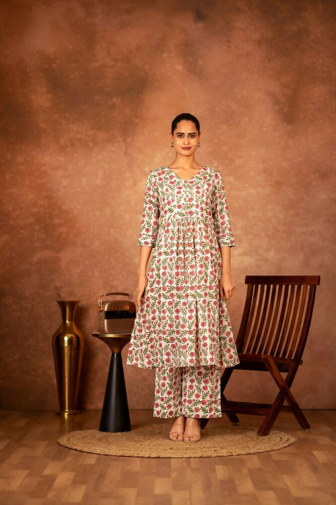 Red Green Hand Block Printed Cotton Suit Set