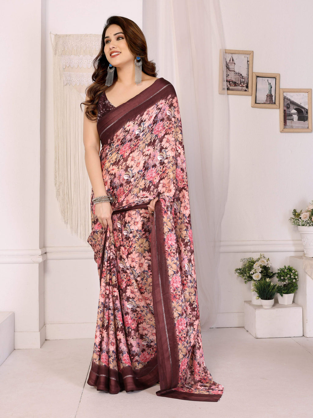 PR Fashion Maroon Bright Moss Satin Patta Printed Saree