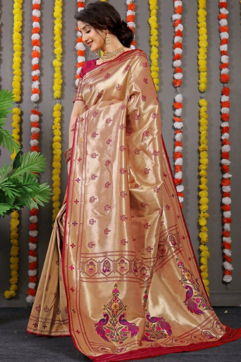 Maroon Paithani Silk Saree with Zari Woven Border and Blouse