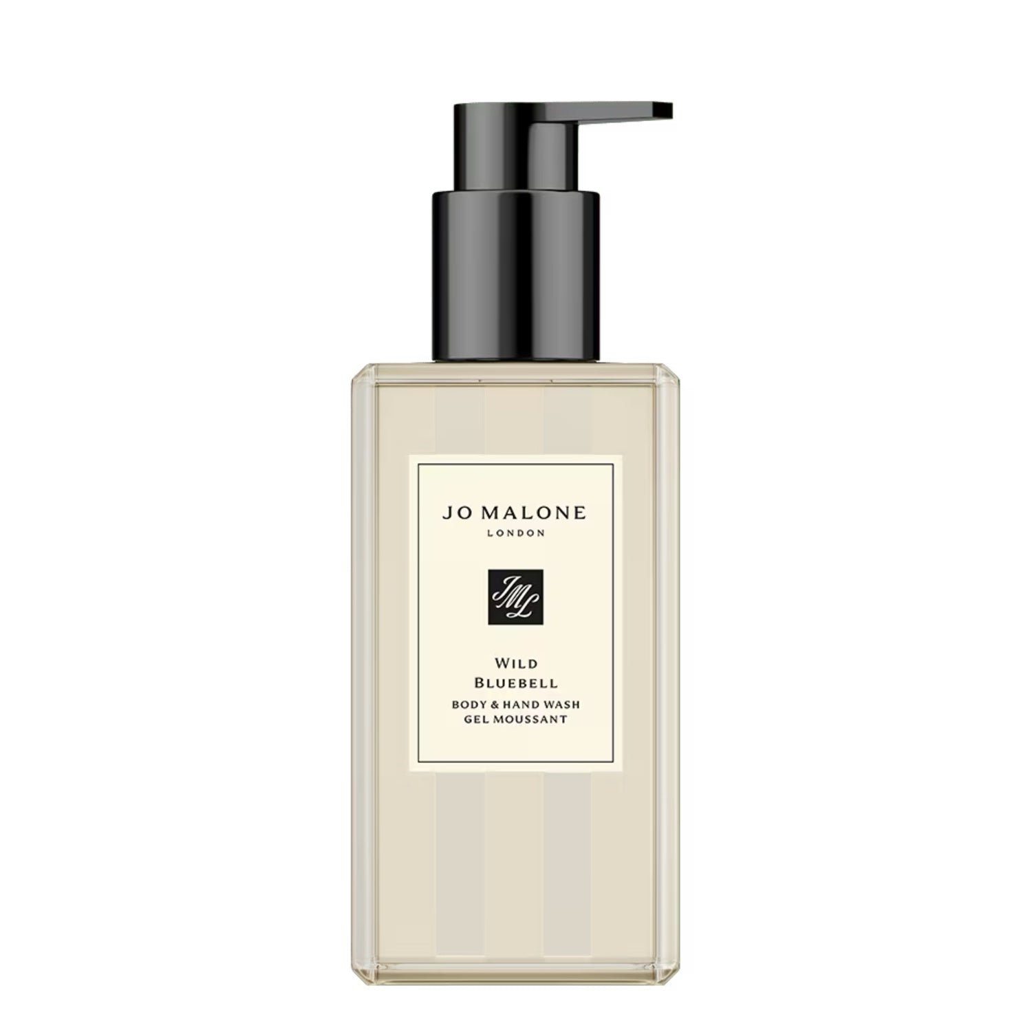 Jo Malone Wild Bluebell Body & Hand Wash 250ml in a clear bottle with black cap on a minimalist background.