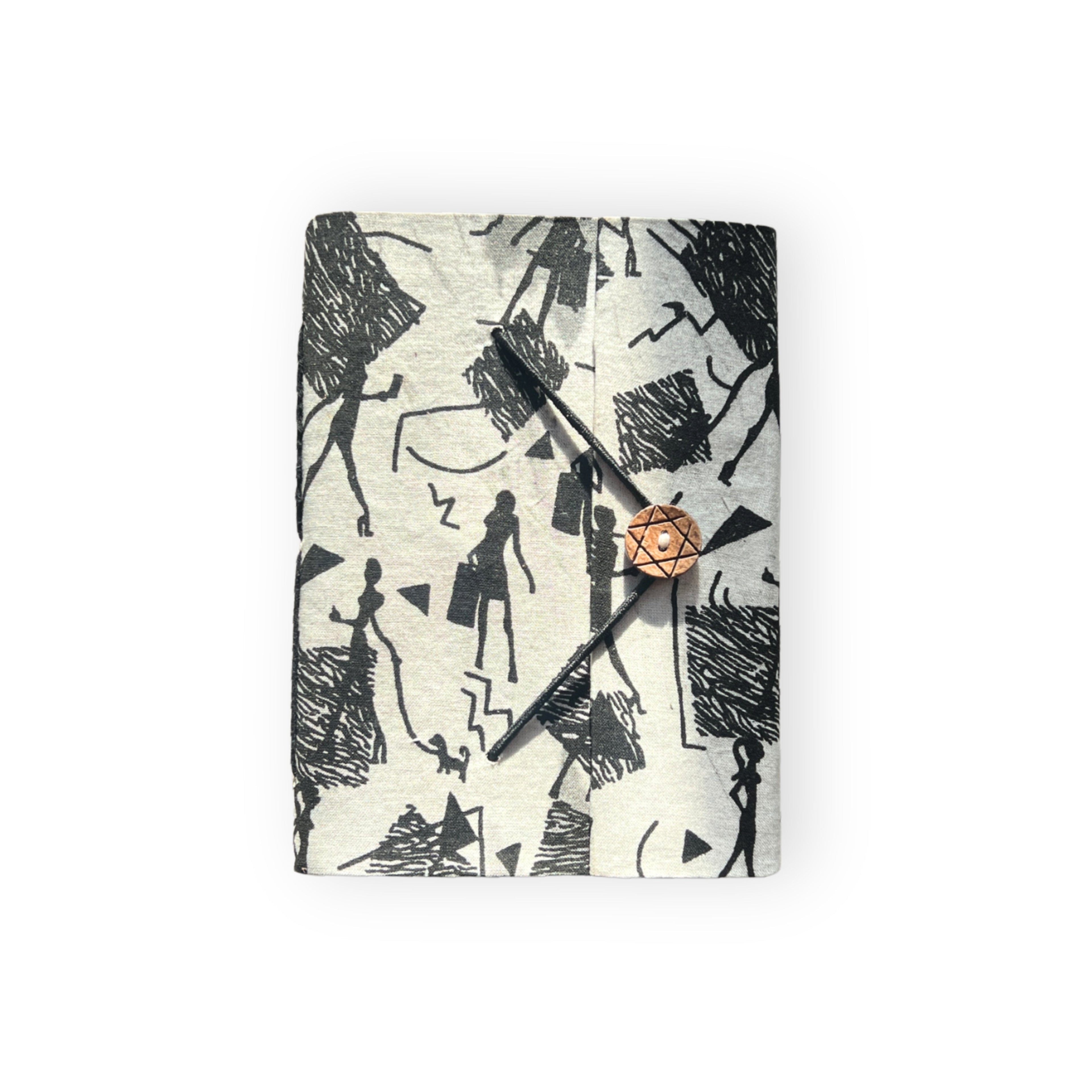 Handcrafted A5 journal with monochrome tribal abstract print on textured recycled paper