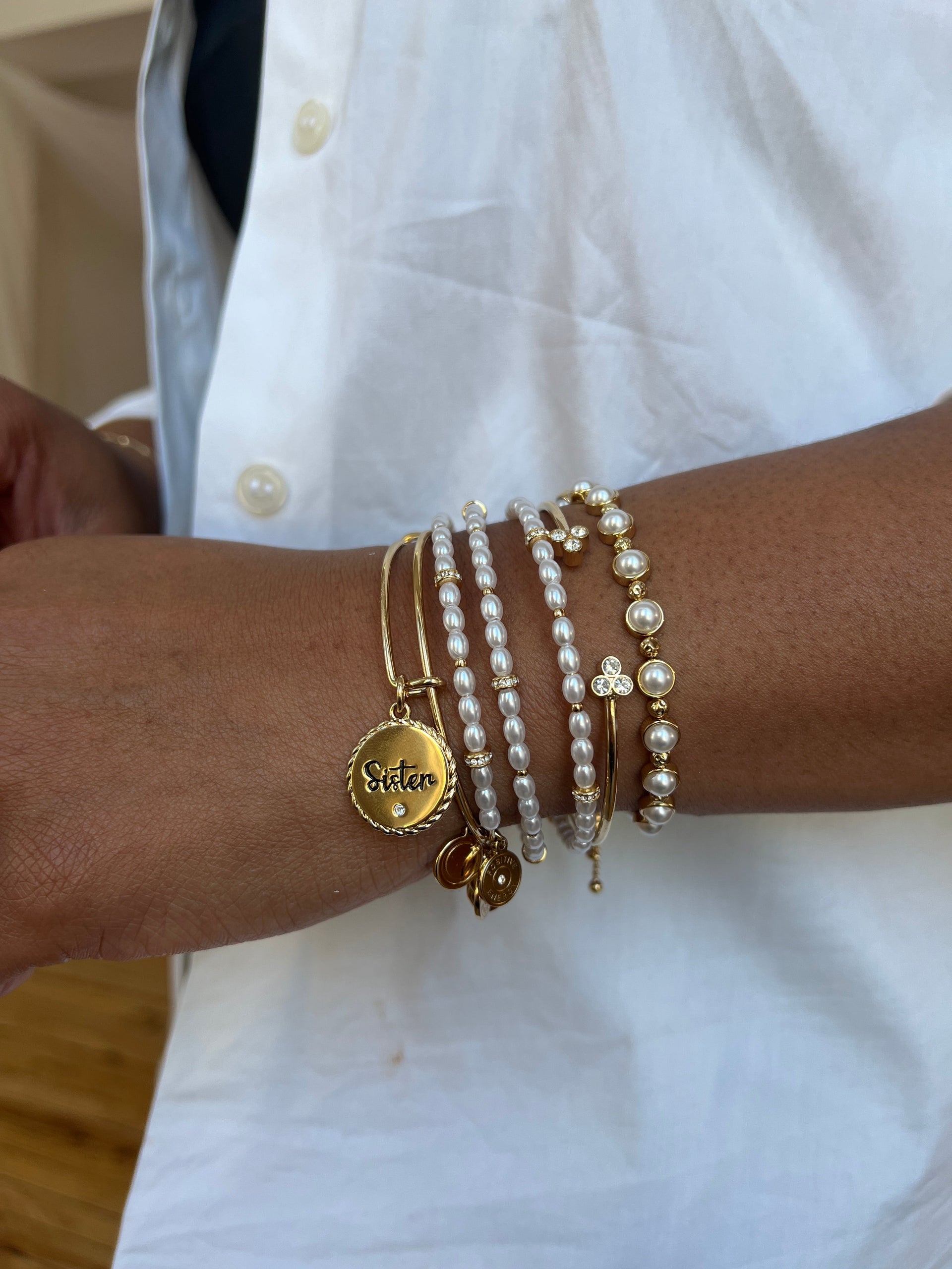 Sister Engraved Charm Bangle with Crystal Detail
