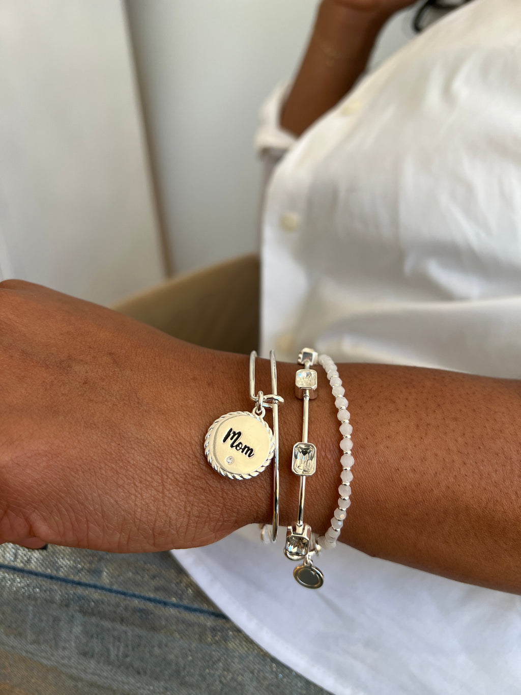 Mom Charm Bangle Bracelet with Crystal Detail Gold or Silver