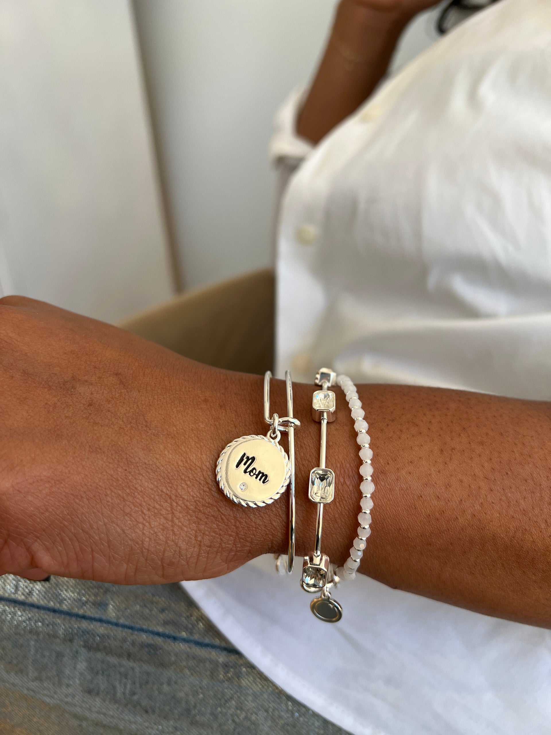 Mom Charm Bangle Bracelet with Crystal Detail Gold or Silver