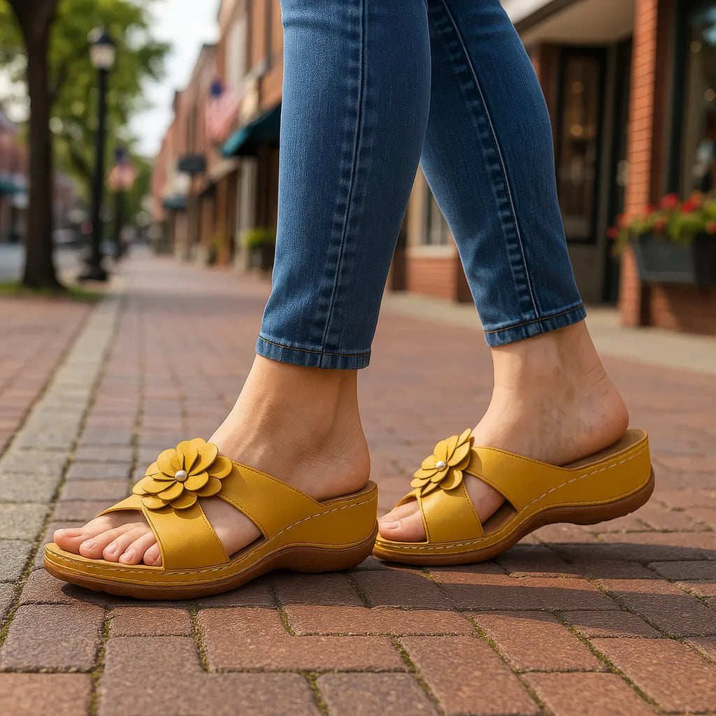 Women's Yellow Flower Comfort Flat Sandals Casual Summer Shoes - Image 4
