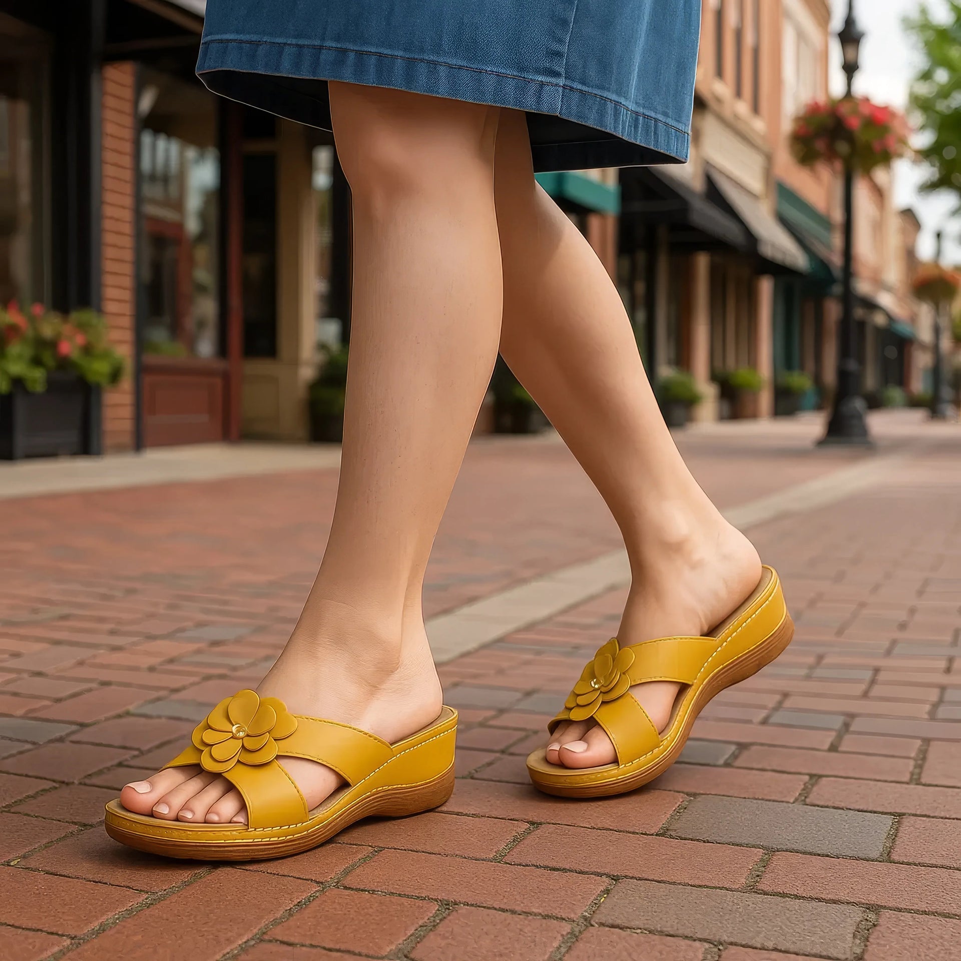 Women's Yellow Flower Comfort Flat Sandals Casual Summer Shoes - Image 6