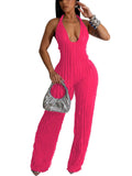 Adogirl Summer Sexy Halter Jumpsuits for Women Chiffon Sleeveless V Neck Tie Knot Pleated Boho One Piece Wide Leg Long Pants Jumpsuit Romper Ruched Party Outfit rose red S