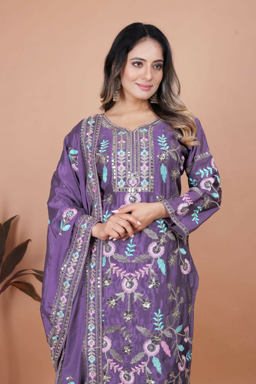 Purple Silk Embroidered Kurti Set with Stitched Detailing