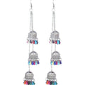Antique triple Afghani Kashmiri oxidized silver jhumka earrings with multicolor beads.